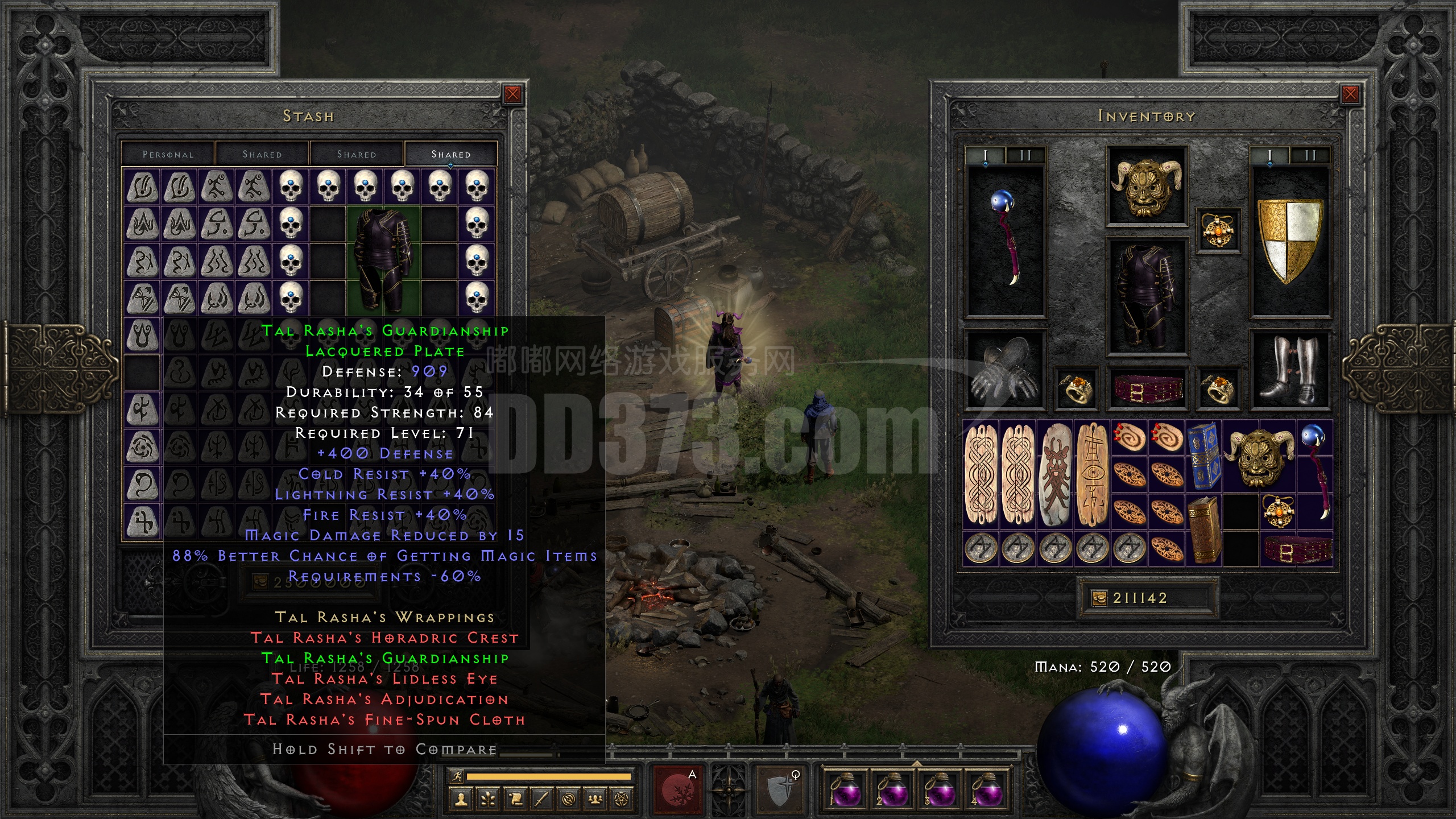 塔拉夏的全套套装5件:包含极品的222法杖,909防御的漆甲,12mf的腰带